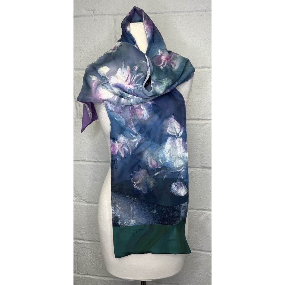 Hand-Painted Watercolor Silk Scarf Velvet Burnout Floral Blue Purple Green